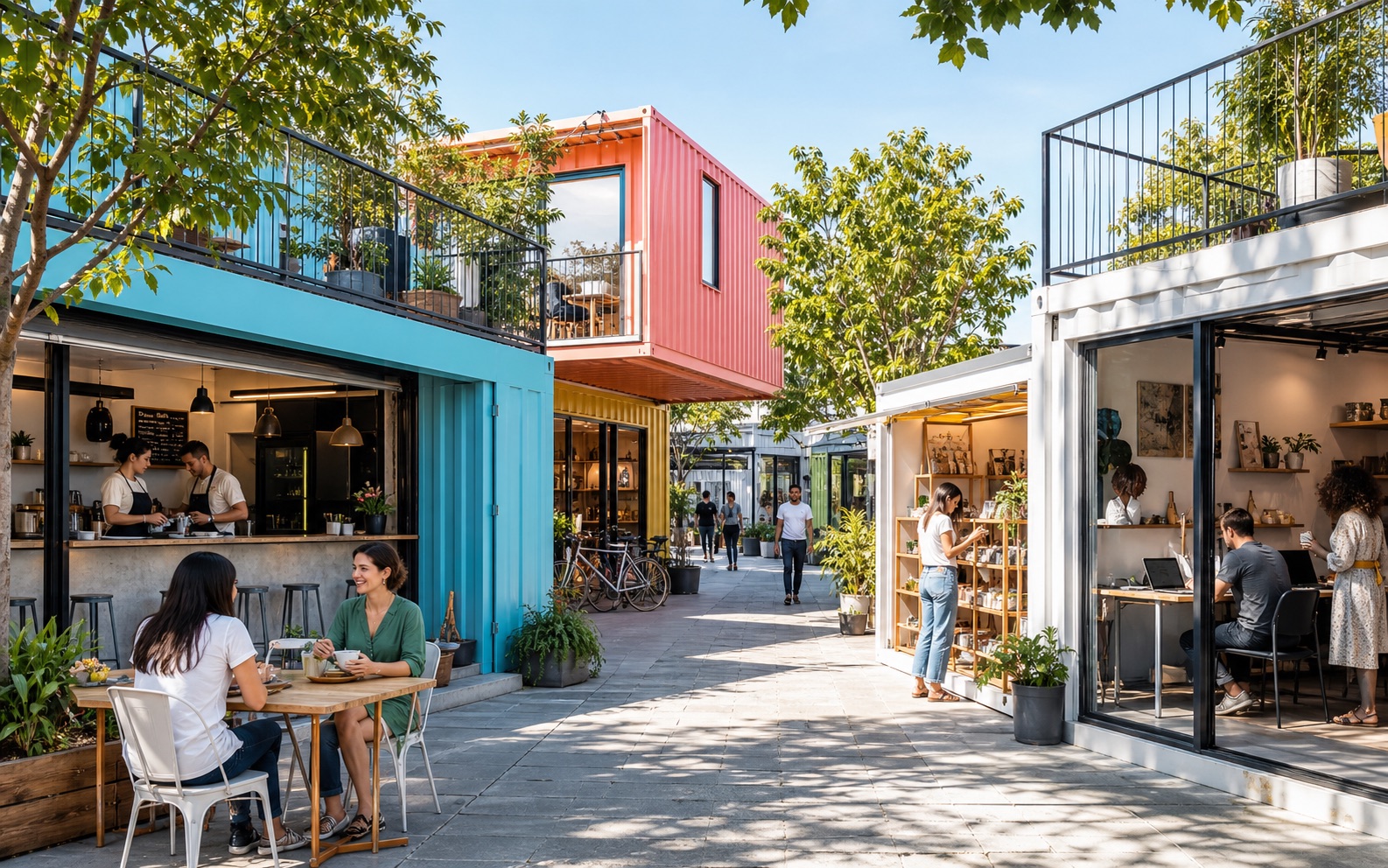 Small businesses operating from converted shipping containers in a landscaped commercial village