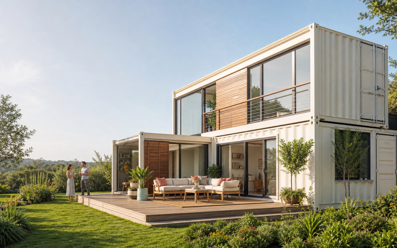 Modern white shipping container home with timber details and landscaped garden