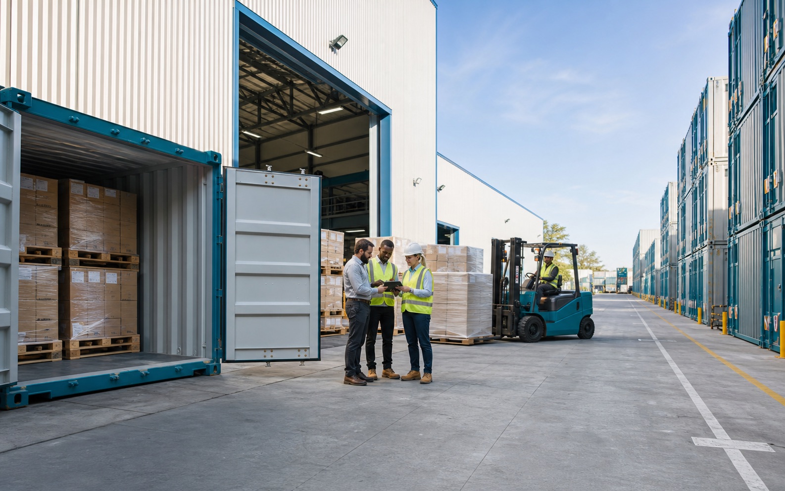 Organised shipping container storage facility beside a modern industrial warehouse