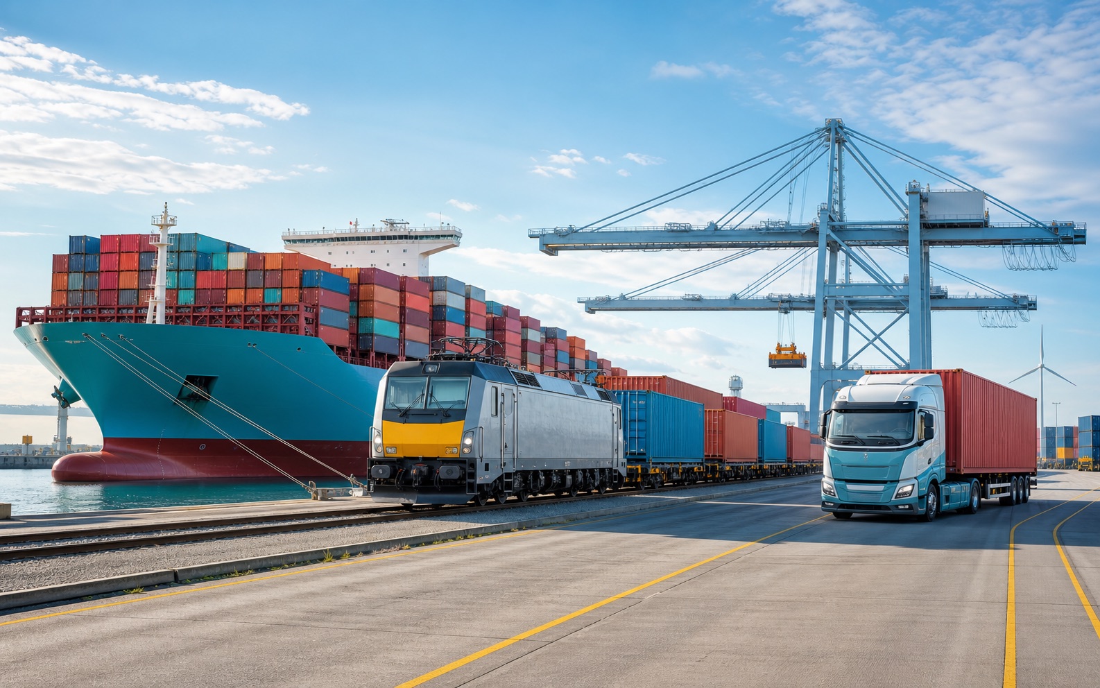 Container ship, freight train and road truck connecting at an intermodal freight terminal